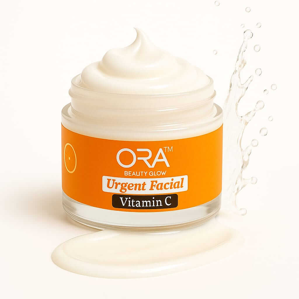 ORA Vitamin C Urgent Facial Cream jar with a bright orange label for instant glow and radiance.