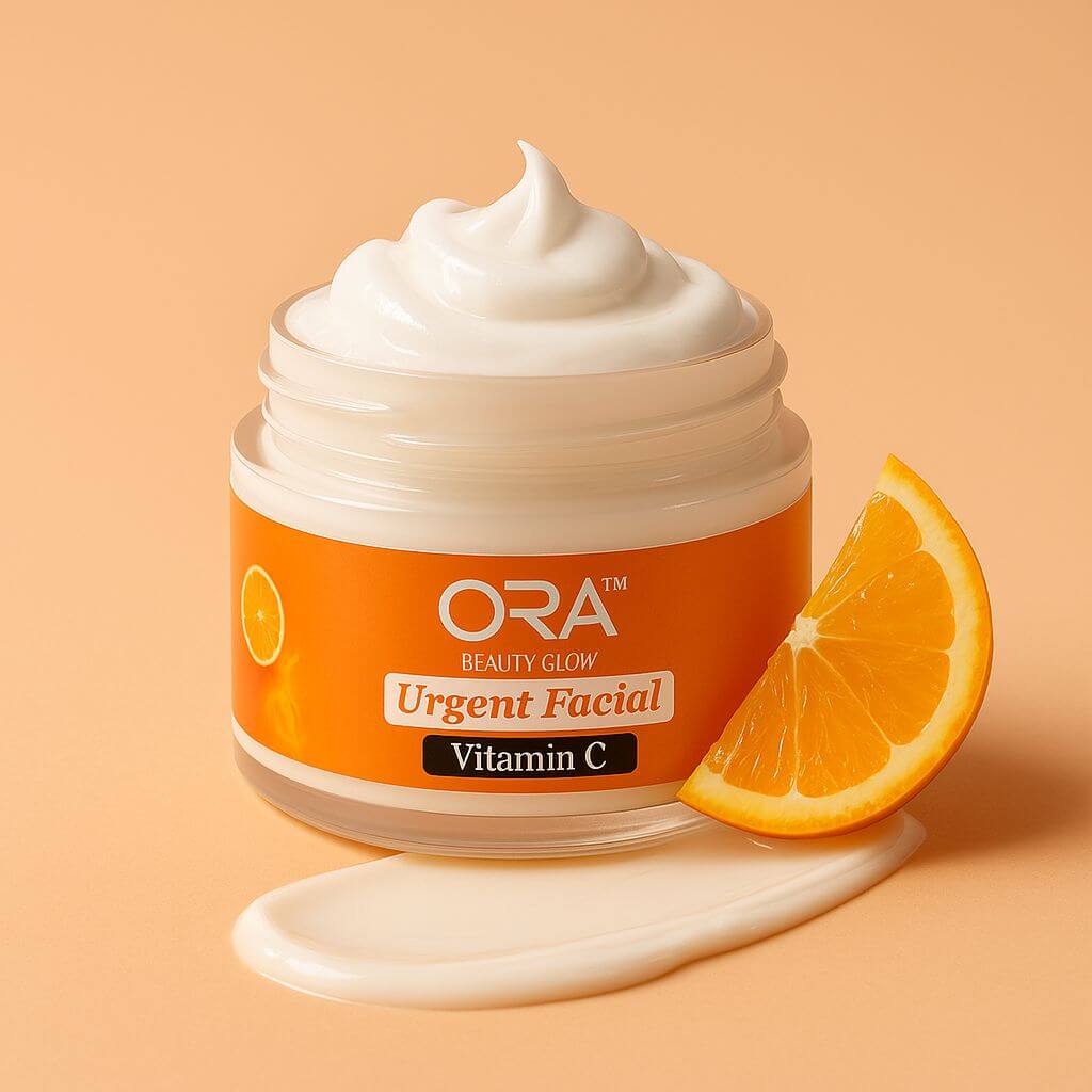 ORA Vitamin C Instant Glow Facial Cream in a jar with orange slice and creamy texture on a peach background.